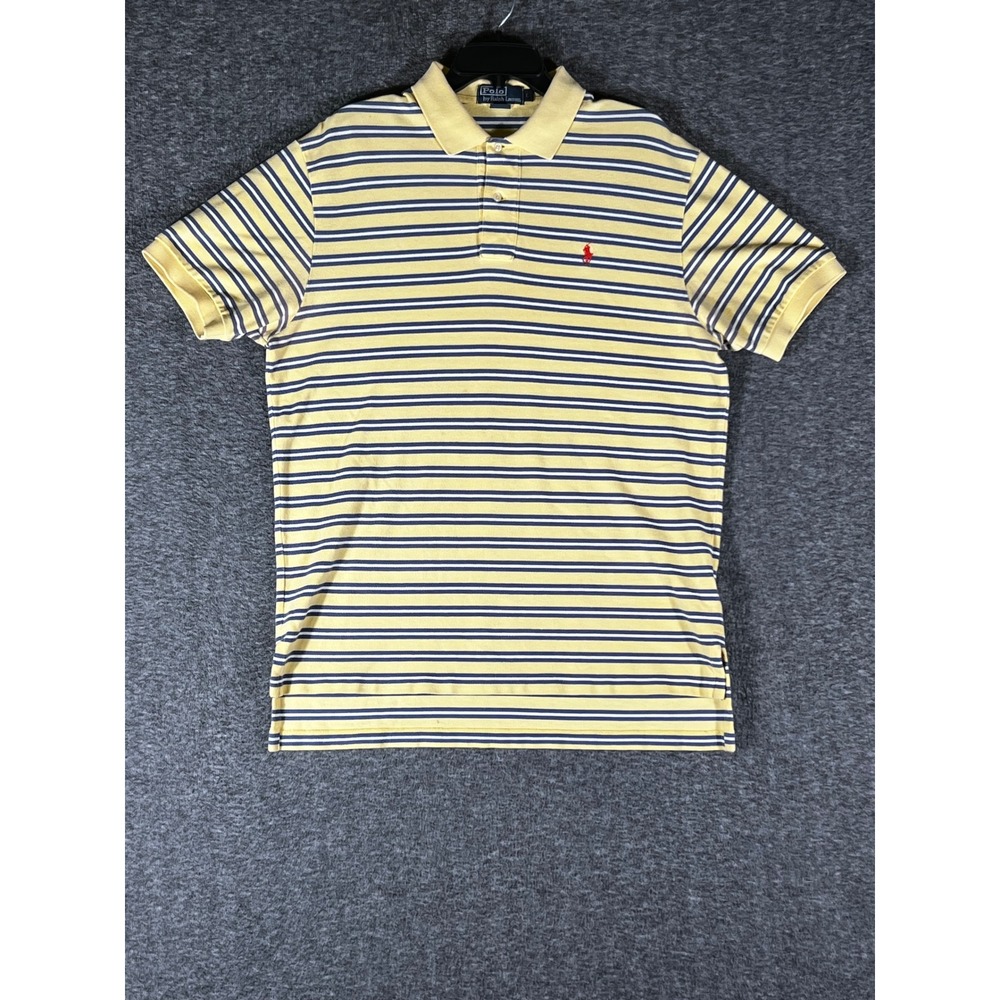Polo Ralph Lauren Mens Large Yellow Navy Blue Striped Pique Short Sleeve Polo